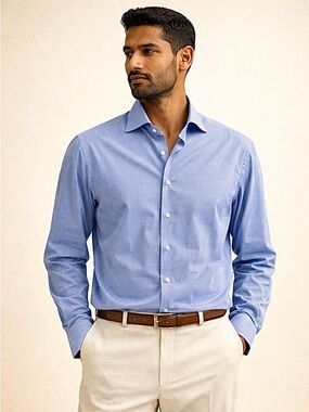 Canali Micro Vichy Dress Shirt Tailored Quiet Luxury Blue Sz 43/17 (L)